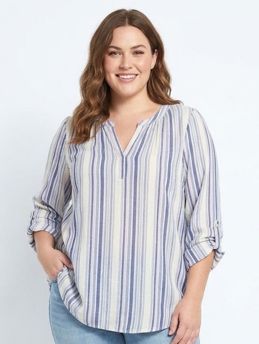 Chaps Multicolor Striped Blouse With Spit V-neck